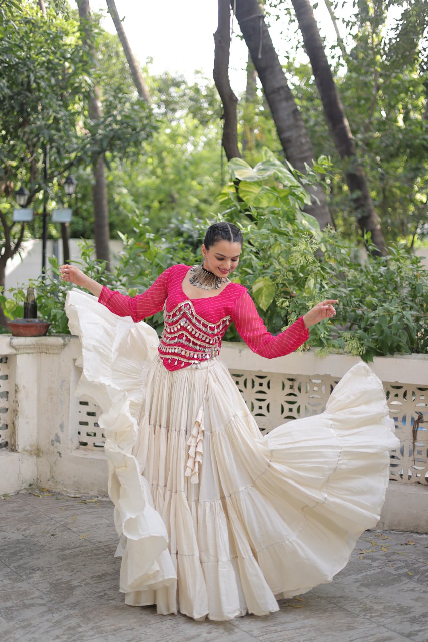 Kora Cotton Leheriya Print Full-Stitched Lehenga with 12-Meter Flair & Mirror Lace Blouse