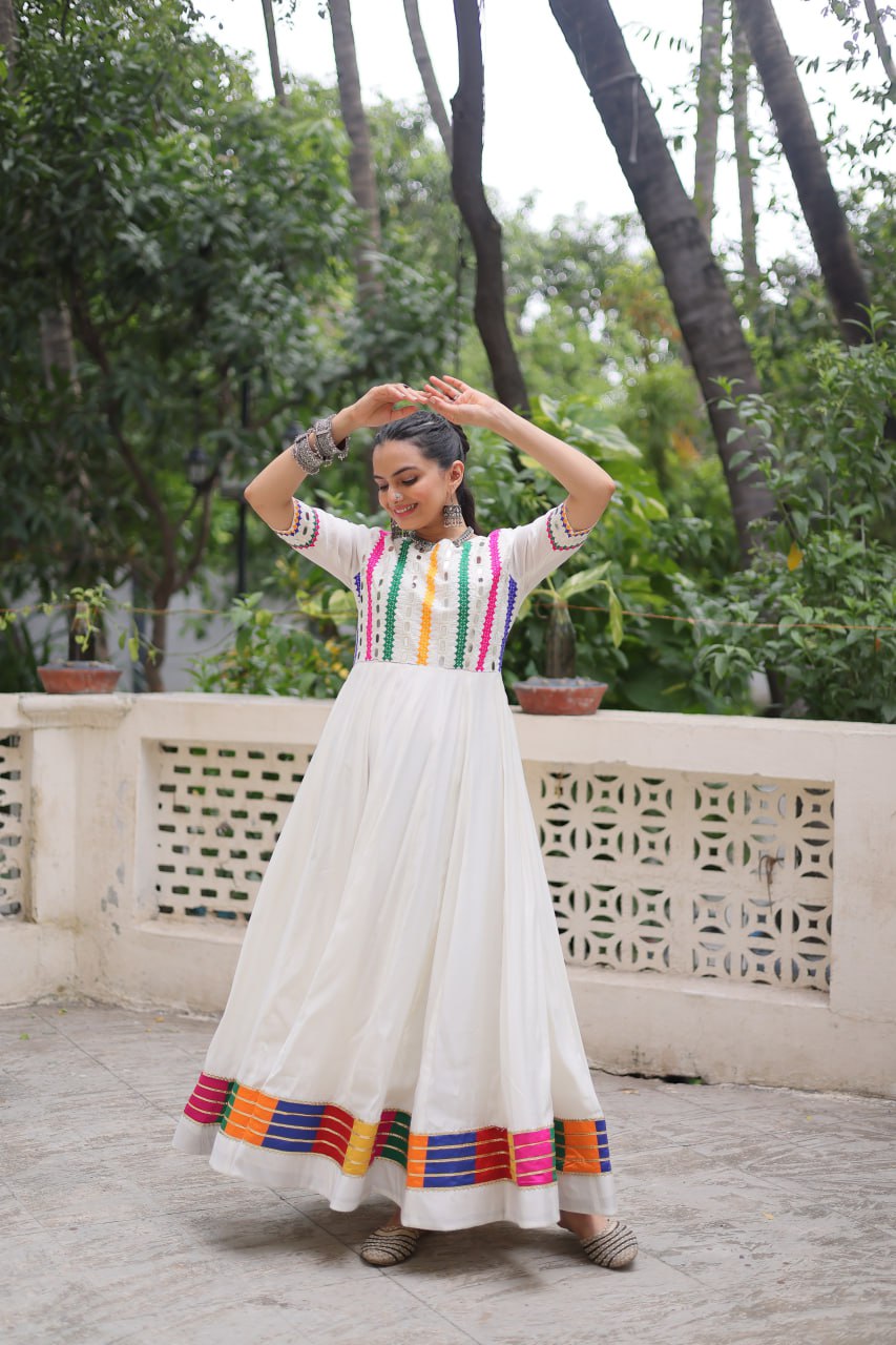 Navratri Roman Gown with Multicolor Thread Embroidery & Real Mirror Work – Ready to Wear