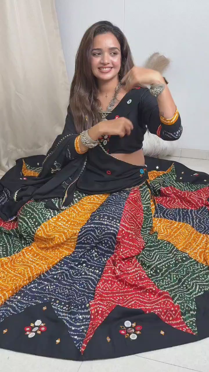 Navratri Collection Vol-5 Pure Rayon Bandhej Print Lehenga with Real Mirror Work, Blouse & Dupatta
