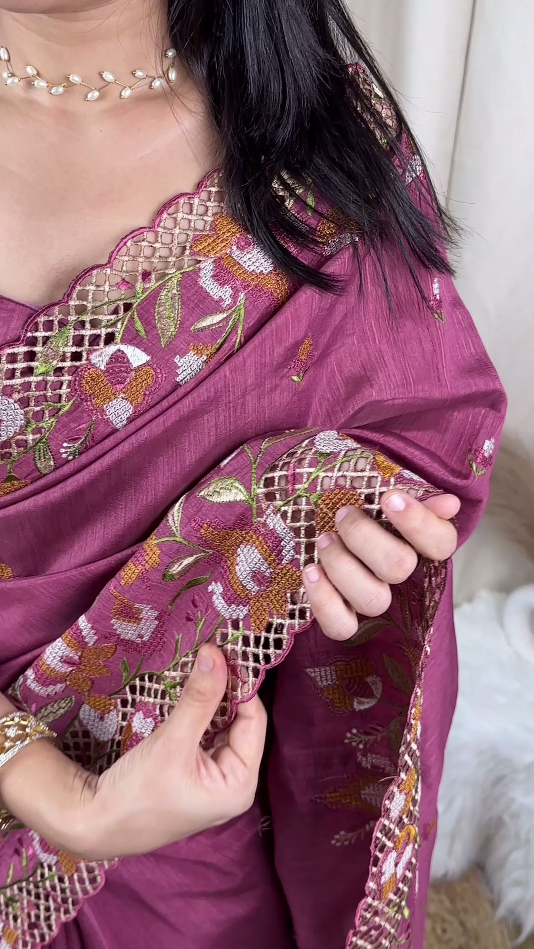 Visca Slub Silk Saree with Thread Embroidery & Cutwork Border – Elegant Party & Wedding Wear