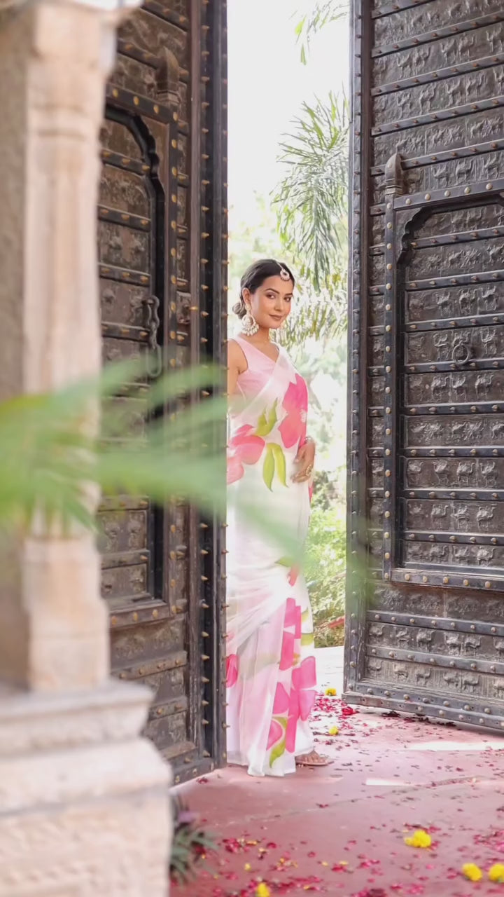 🤍 Off-White Printed Georgette Saree Redy To Wear  with Blouse 🤍